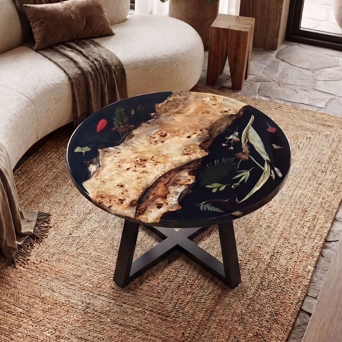 Poplar Black Epoxy with Floral Round Coffee Table-PLFY03（Tabletop only, legs not included）