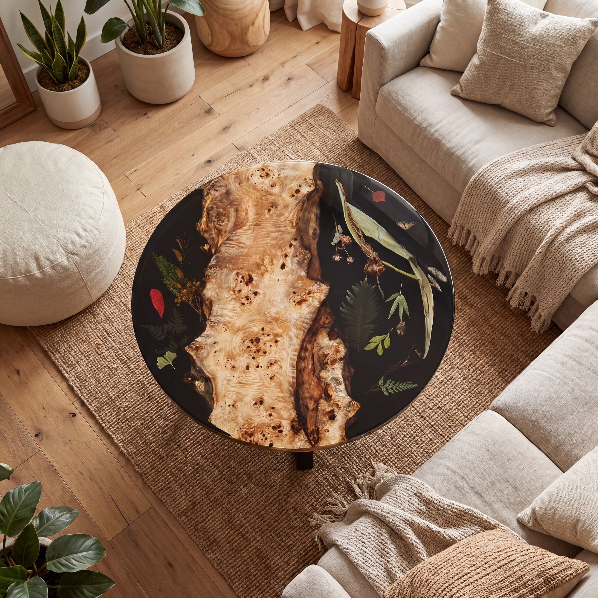 Poplar Black Epoxy with Floral Round Coffee Table-PLFY03（Tabletop only, legs not included）