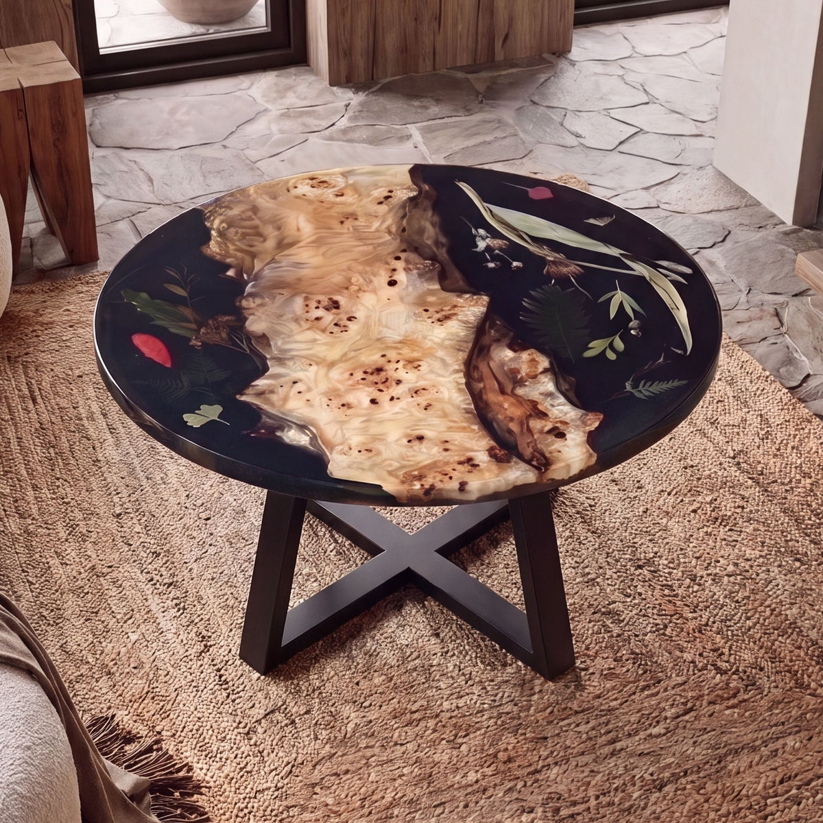Poplar Black Epoxy with Floral Round Coffee Table-PLFY03（Tabletop only, legs not included）