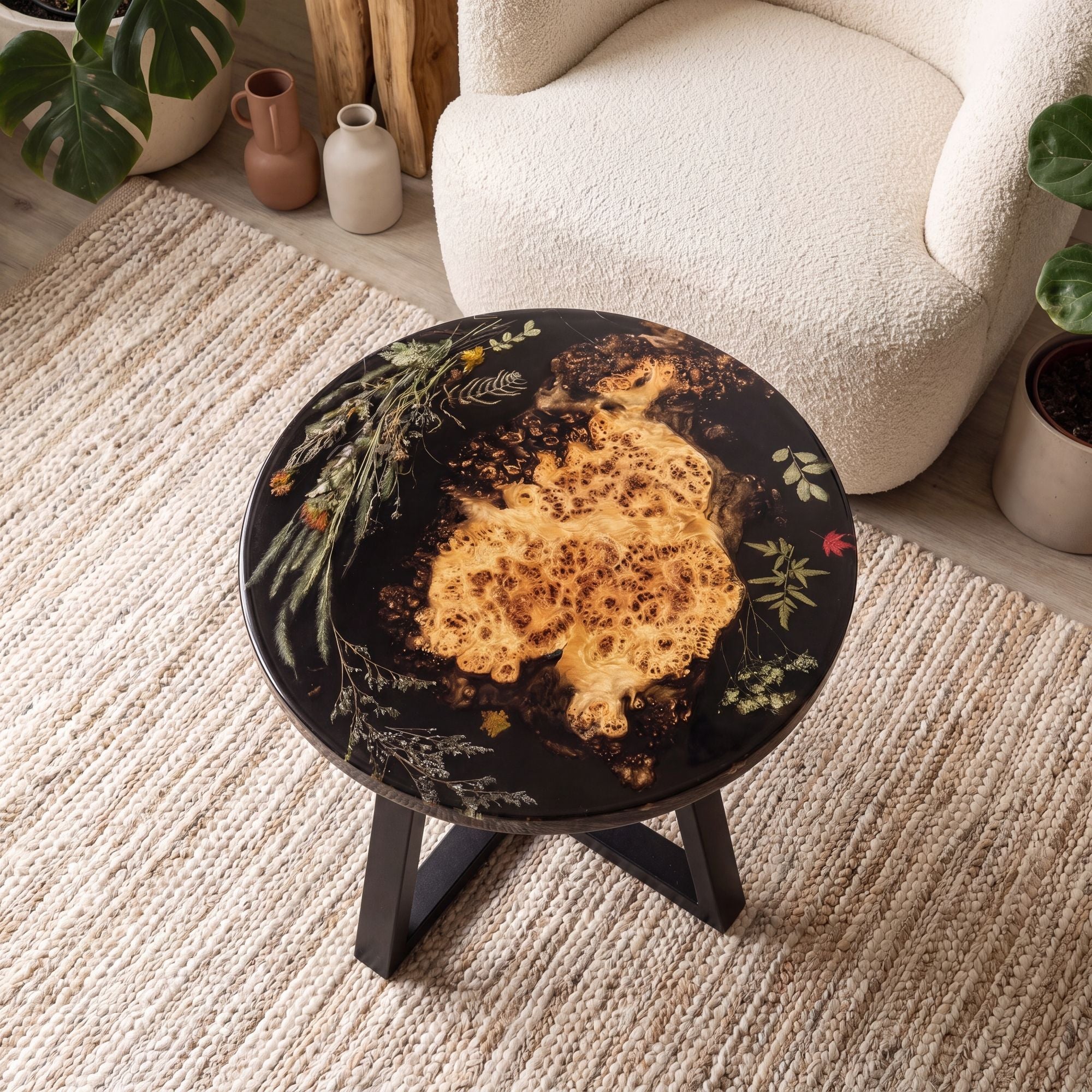 Poplar Black Epoxy with Floral Round Coffee Table-PLFY02（Tabletop only, legs not included）