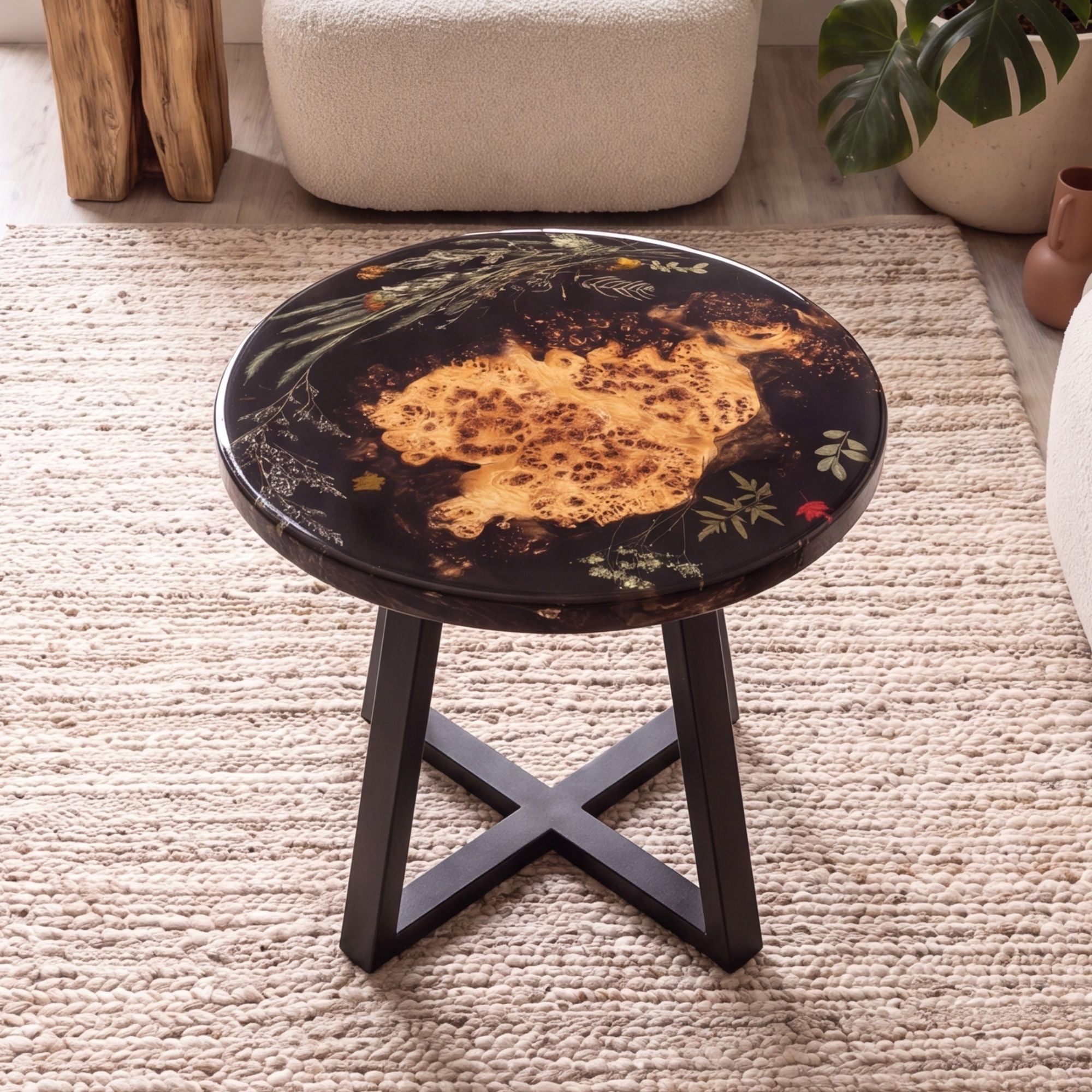 Poplar Black Epoxy with Floral Round Coffee Table-PLFY02（Tabletop only, legs not included）