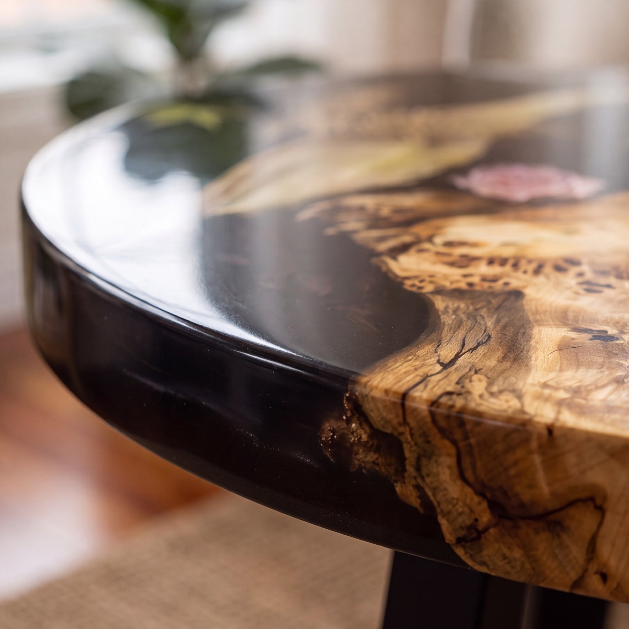 Poplar Black Epoxy with Floral Round Coffee Table-PLFY01（Tabletop only, legs not included）