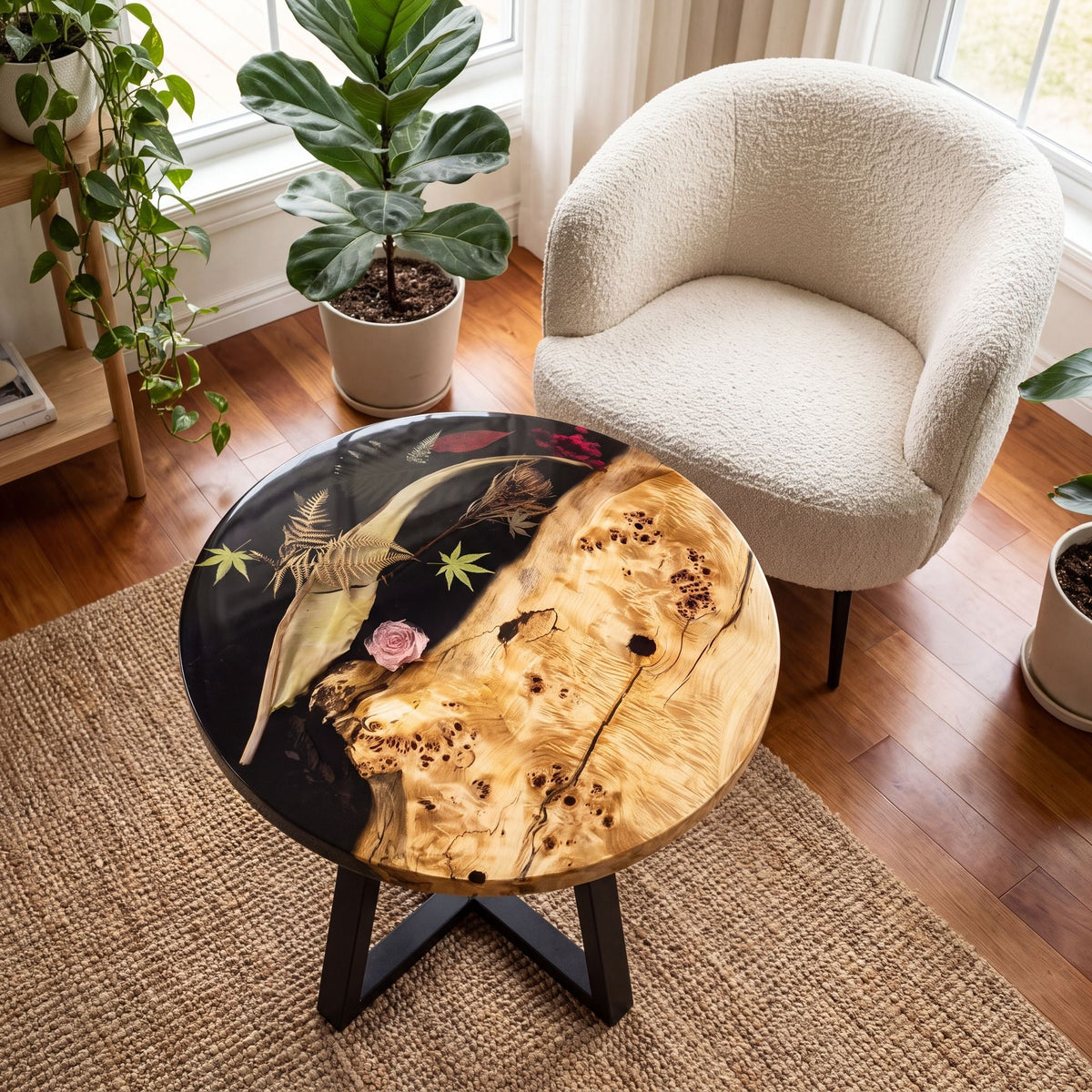 Poplar Black Epoxy with Floral Round Coffee Table-PLFY01（Tabletop only, legs not included）