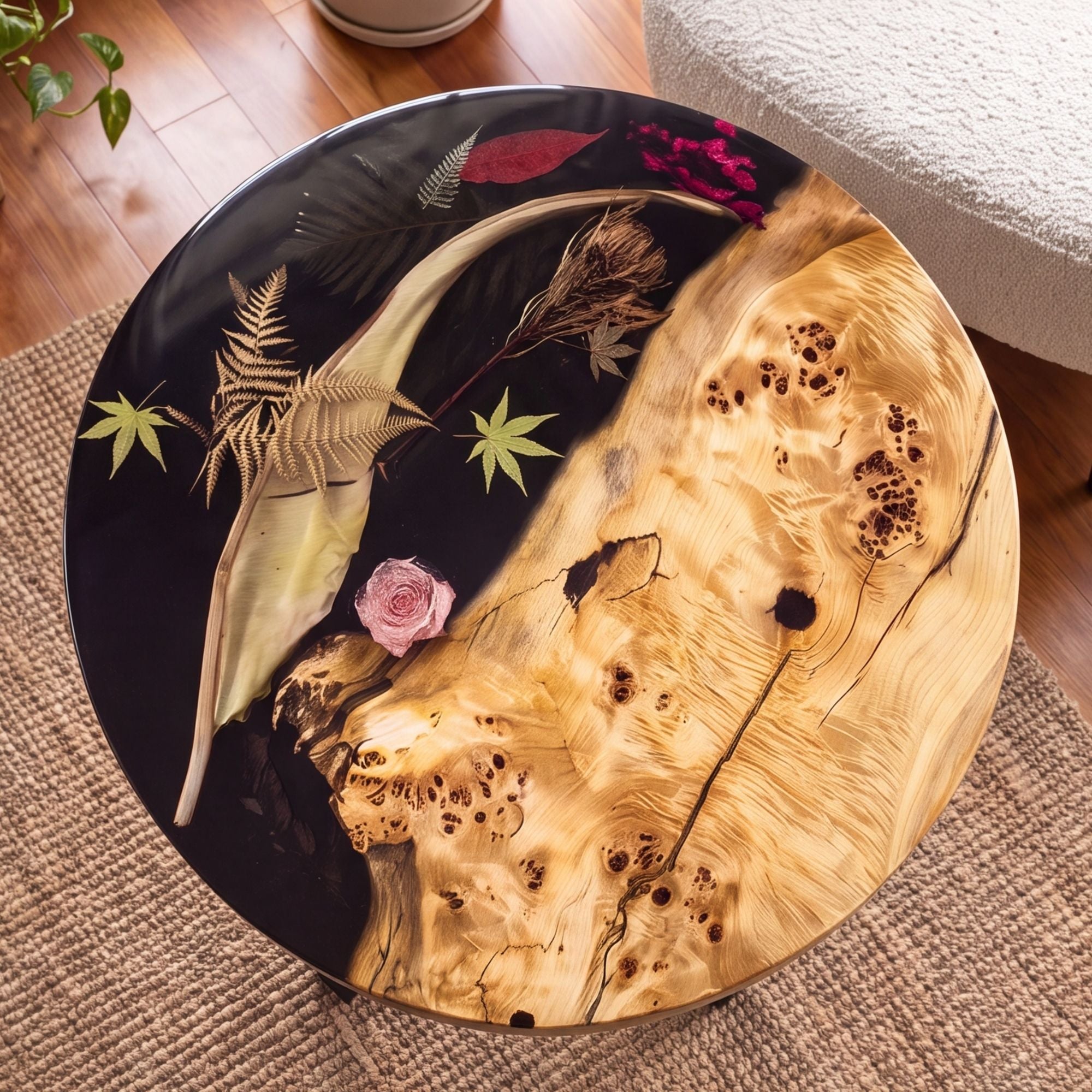 Poplar Black Epoxy with Floral Round Coffee Table-PLFY01（Tabletop only, legs not included）