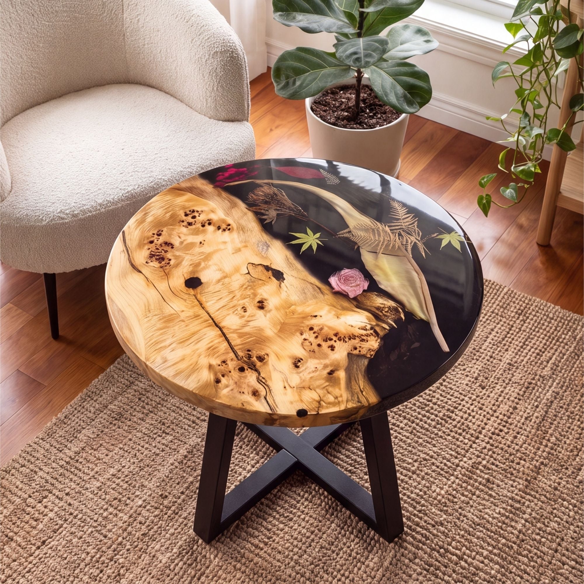 Poplar Black Epoxy with Floral Round Coffee Table-PLFY01（Tabletop only, legs not included）