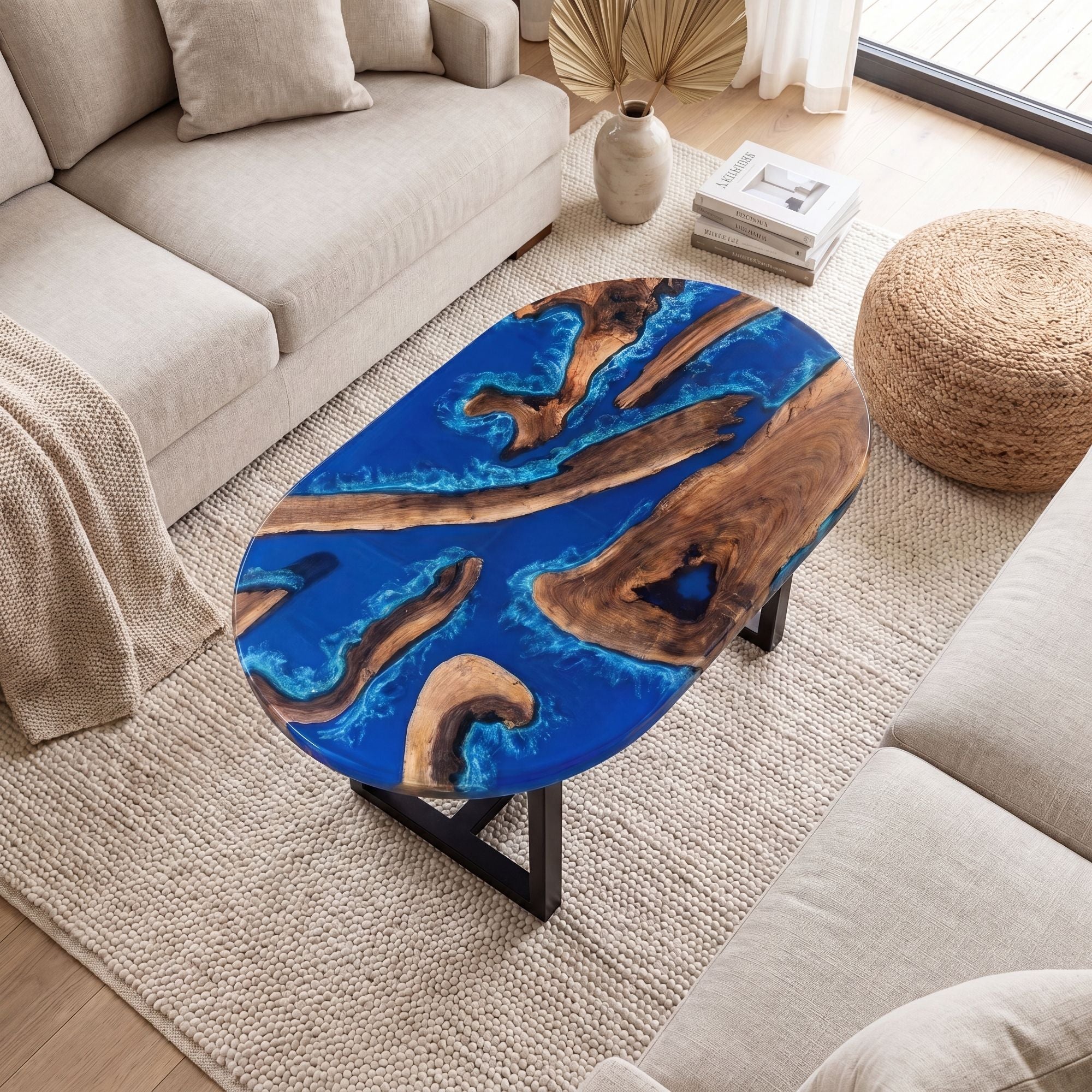 Black Walnut Blue Epoxy Oval Coffee Table（Tabletop only, legs not included）