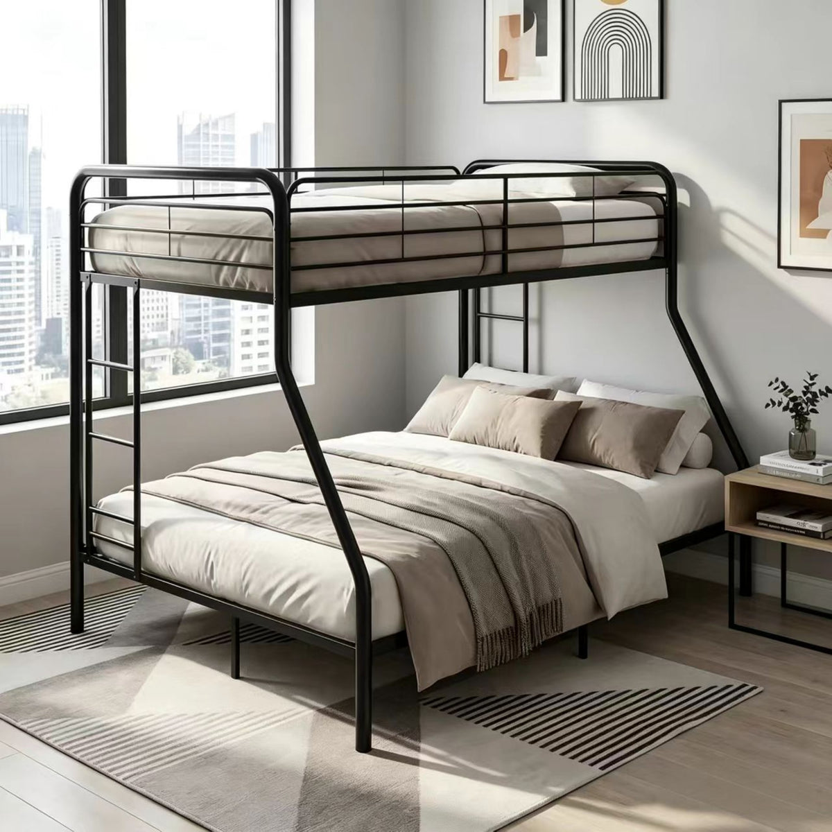 BB002-Twin Over Full Black Metal Bunk Bed Frame with Ladder & Safety Guardrails