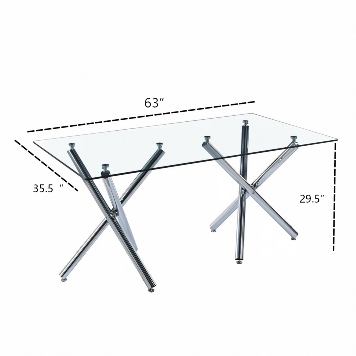 DT018-Contemporary Clear Glass Dining Table, Polished Chrome Cross Metal Base, Minimalist Dinner Table for Home