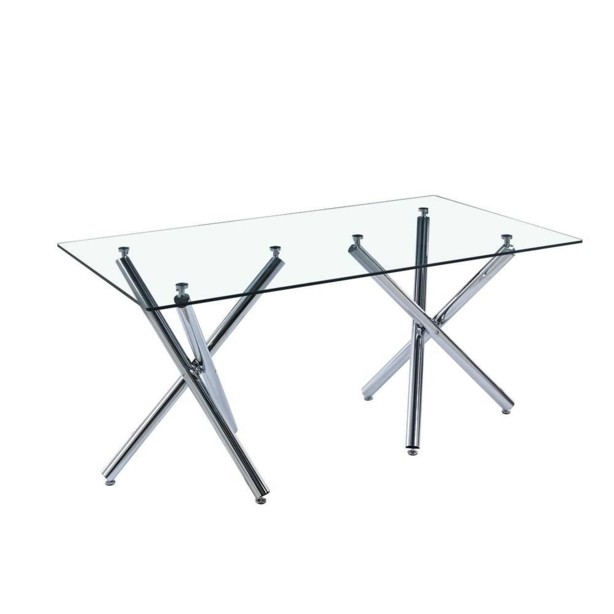 DT018-Contemporary Clear Glass Dining Table, Polished Chrome Cross Metal Base, Minimalist Dinner Table for Home