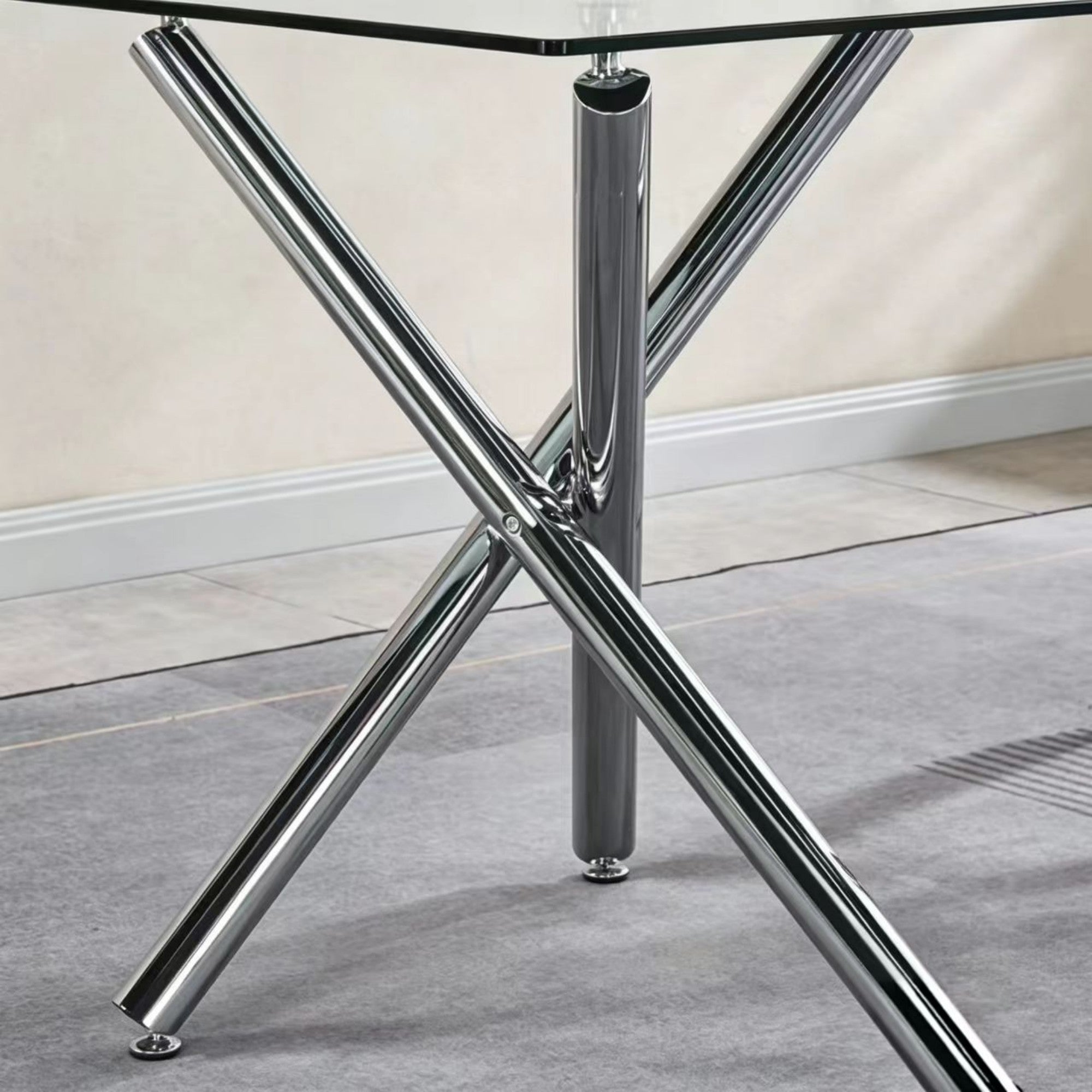 DT018-Contemporary Clear Glass Dining Table, Polished Chrome Cross Metal Base, Minimalist Dinner Table for Home