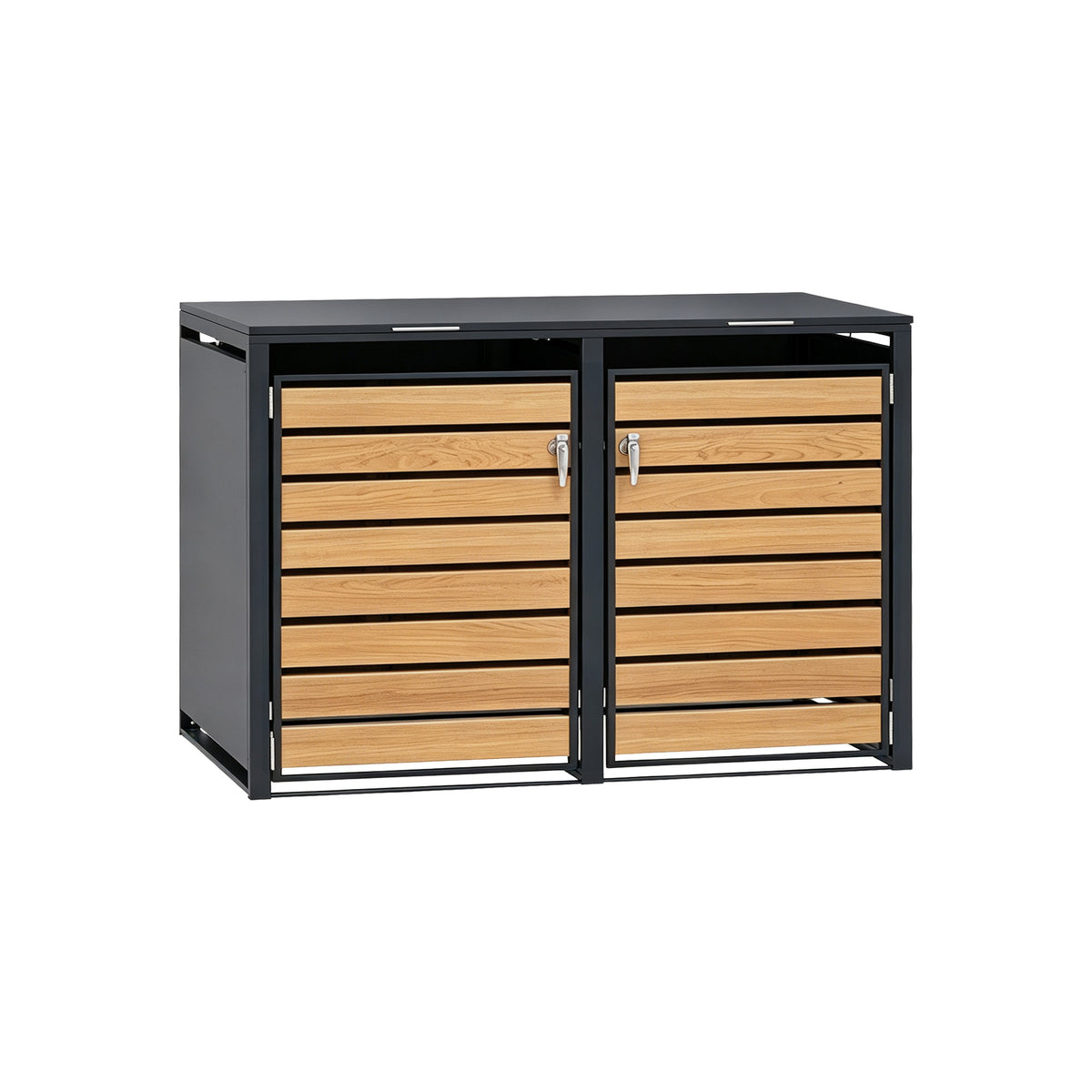 96 GALLON DOUBLE-DOOR STEEL TRASH CAN ENCLOSURE WITH  NATURE WOOD GRAIN FRONT DOOR