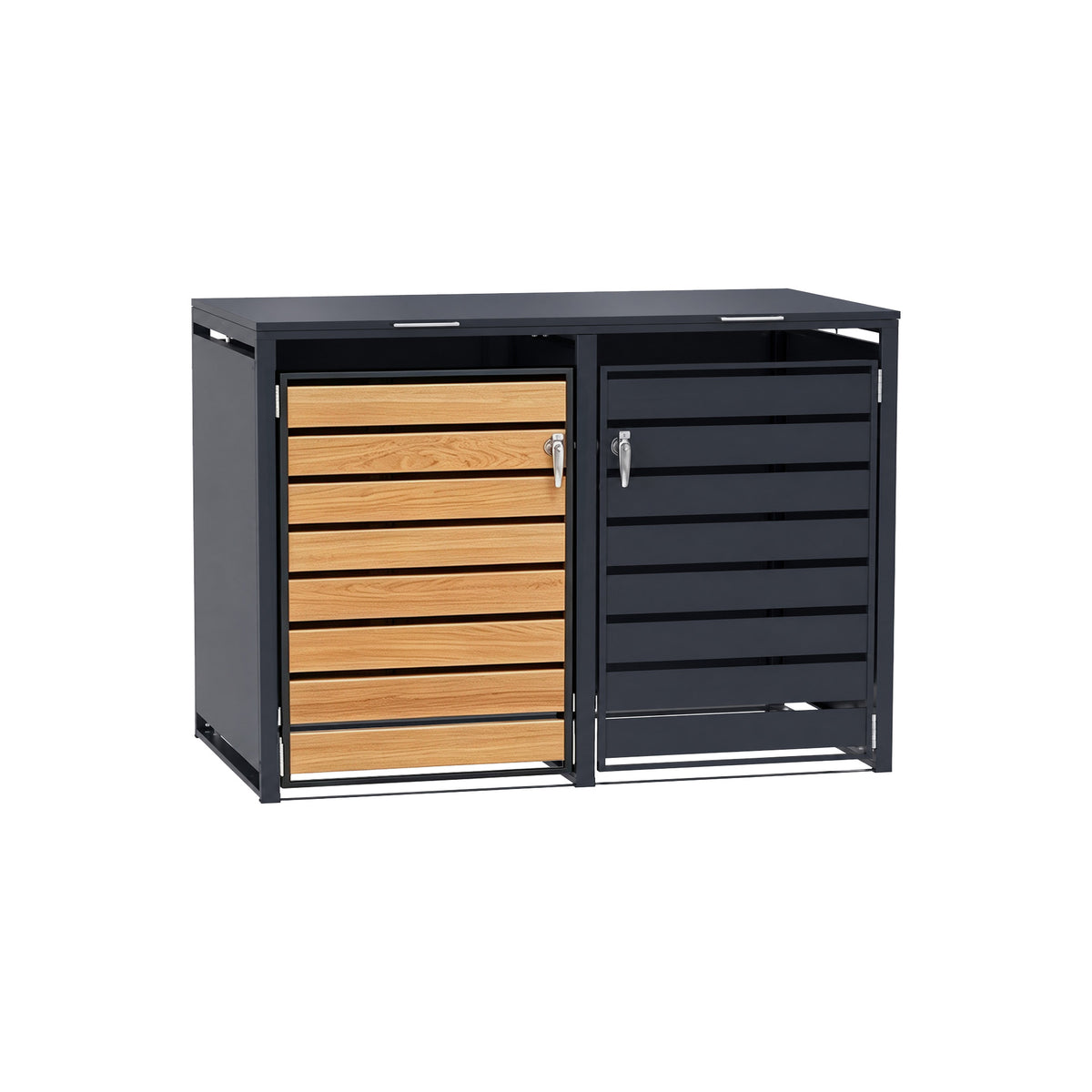 96 GALLON DOUBLE-DOOR STEEL TRASH CAN ENCLOSURE WITH  NATURE WOOD GRAIN FRONT DOOR