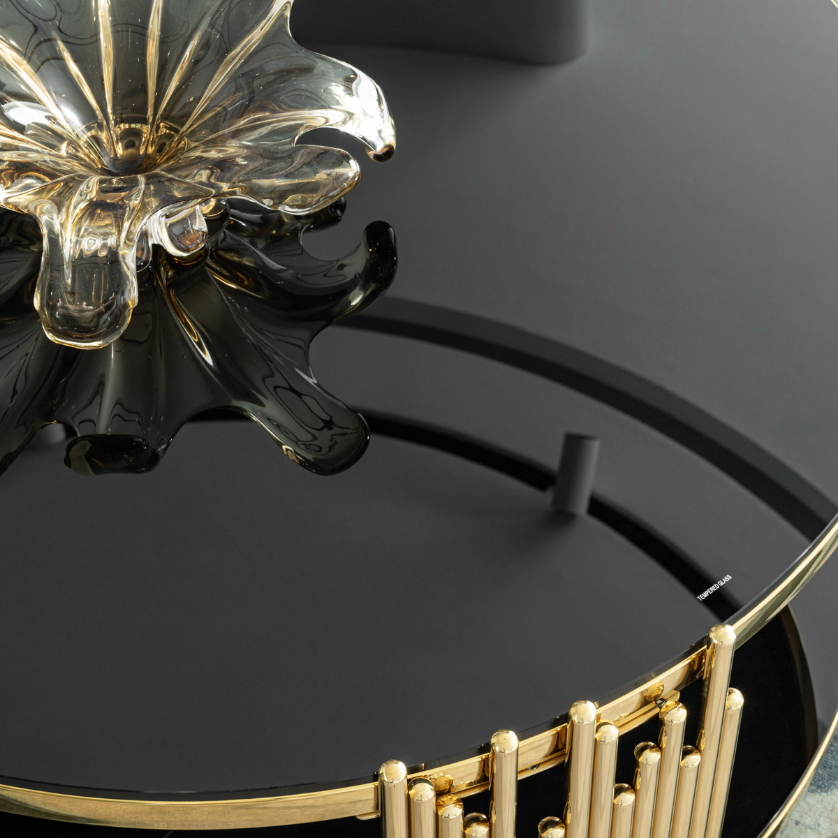 2-Tier Gold Stainless Steel Coffee Table with Black Tempered Glass Top,  Storage for Living Room