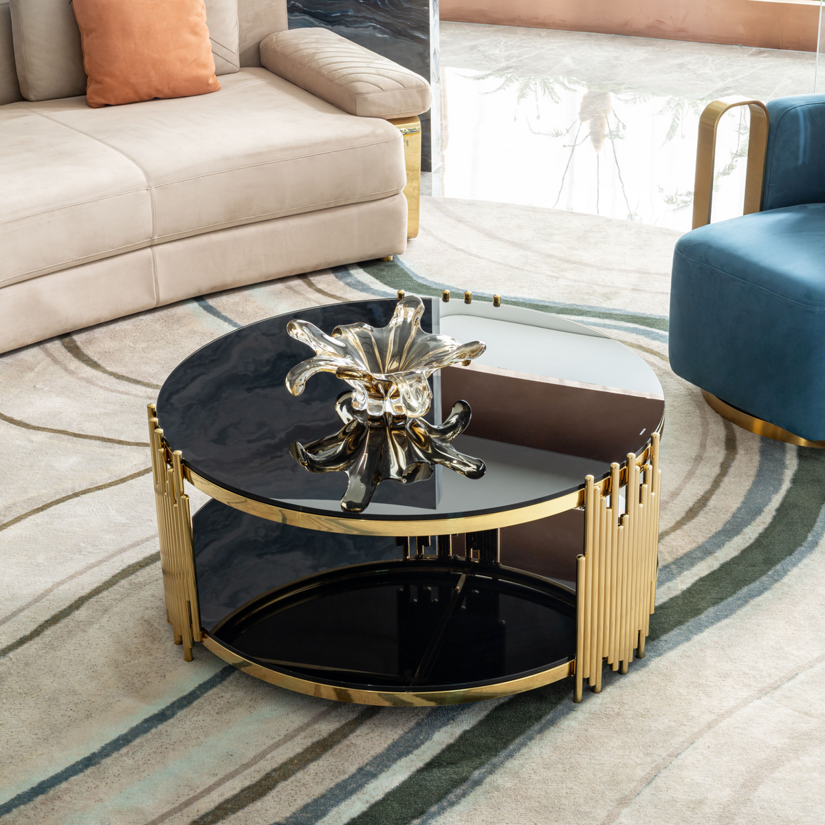 2-Tier Gold Stainless Steel Coffee Table with Black Tempered Glass Top,  Storage for Living Room