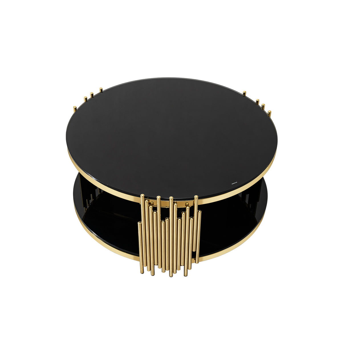 2-Tier Gold Stainless Steel Coffee Table with Black Tempered Glass Top,  Storage for Living Room