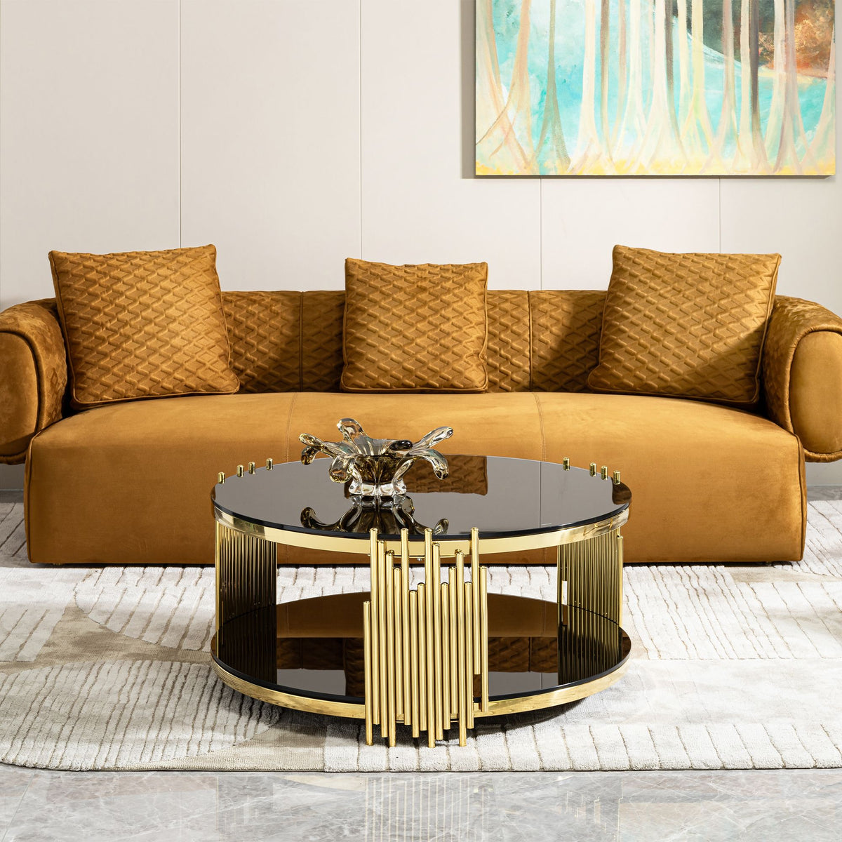 2-Tier Gold Stainless Steel Coffee Table with Black Tempered Glass Top,  Storage for Living Room