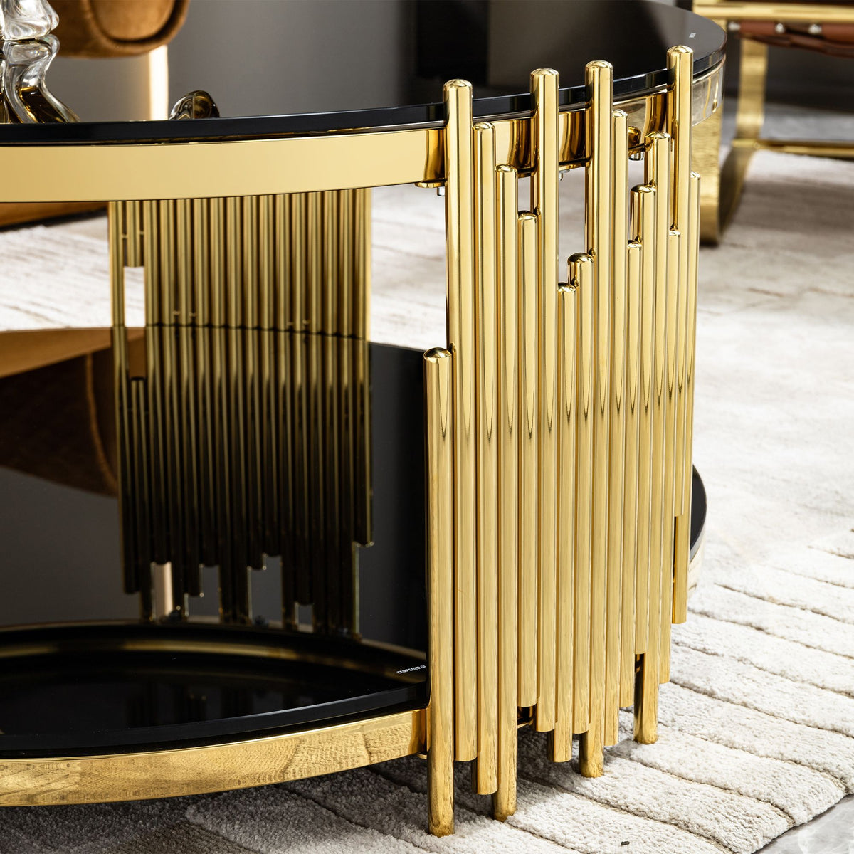 2-Tier Gold Stainless Steel Coffee Table with Black Tempered Glass Top,  Storage for Living Room