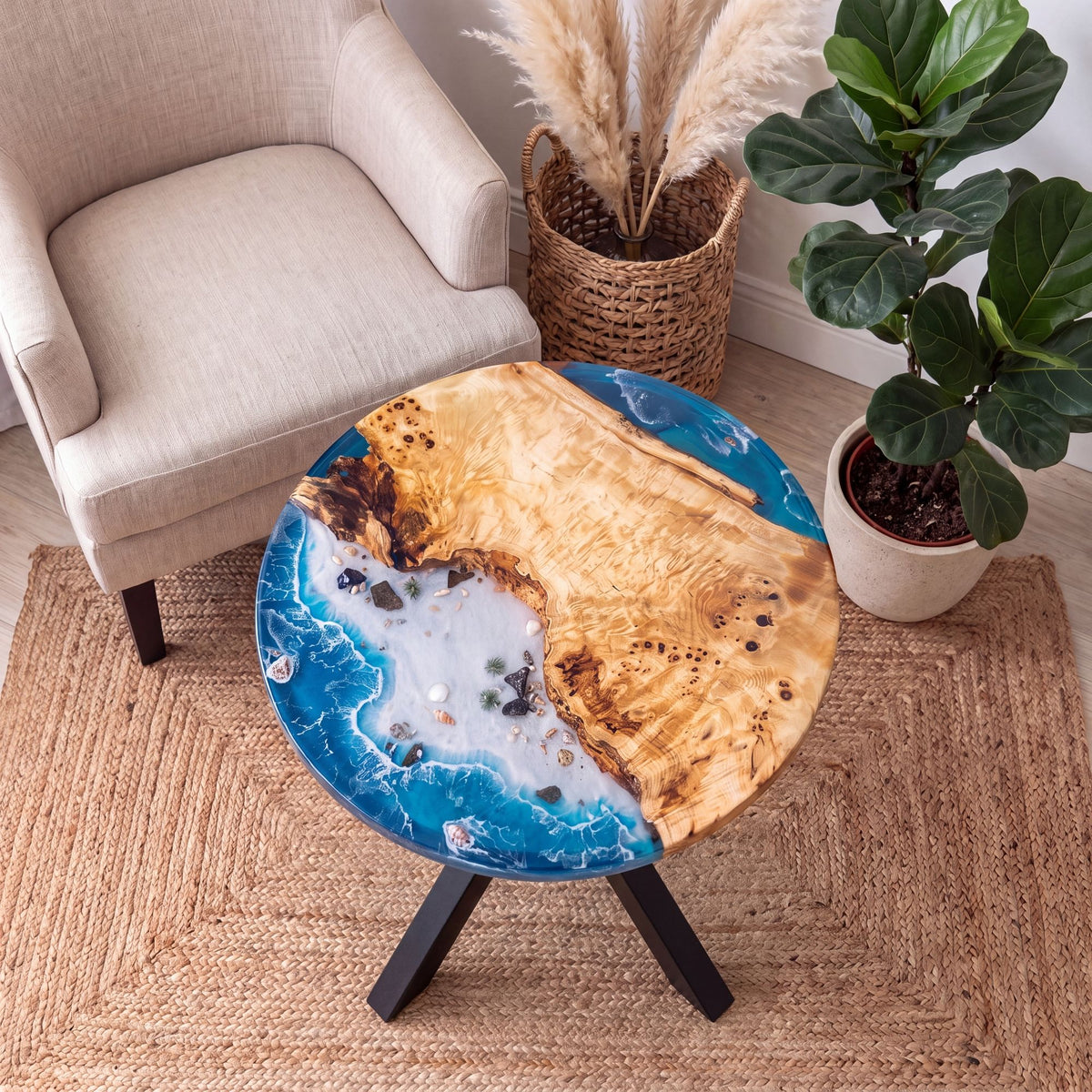 Poplar Blue Epoxy Round Coffee Table-PLSY02（Tabletop with legs）