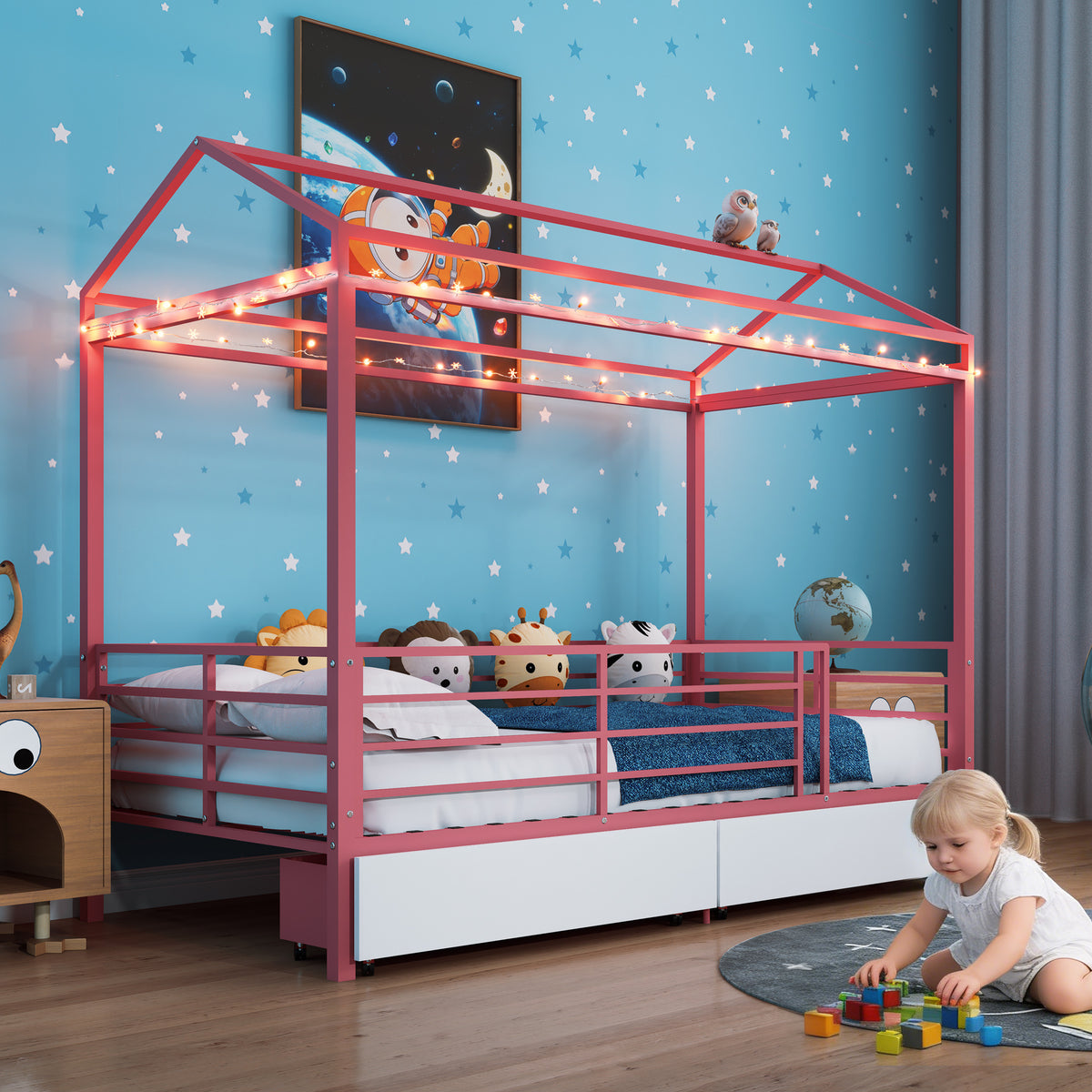 House Bed for Kids,Floor Bed for Boys Girls,Bed Frame with Roof,No Box Spring Needed Pink