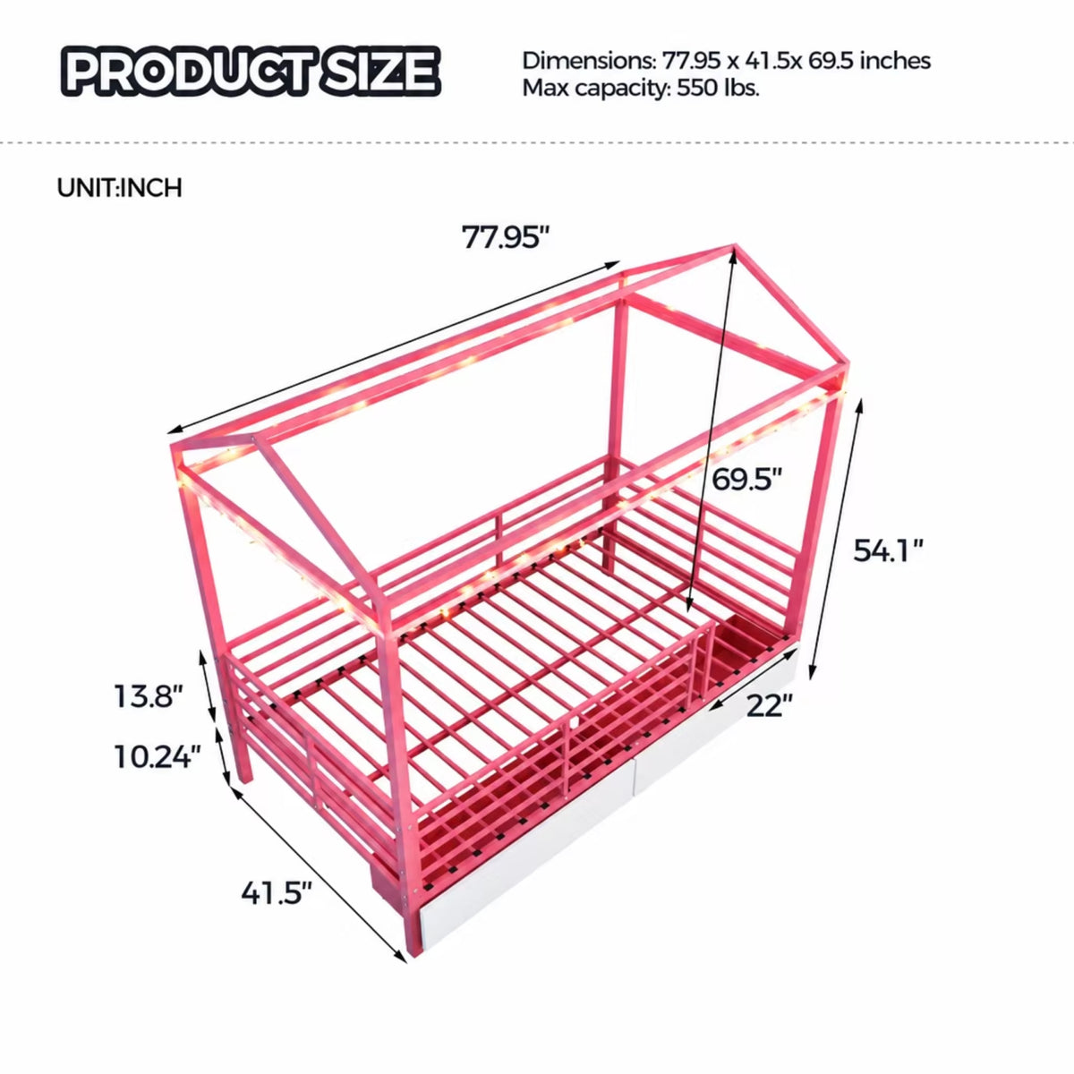 House Bed for Kids,Floor Bed for Boys Girls,Bed Frame with Roof,No Box Spring Needed Pink