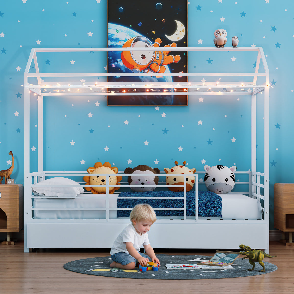 House Bed for Kids，Floor Bed for Boys Girls,Bed Frame with Roof,No Box Spring Needed White