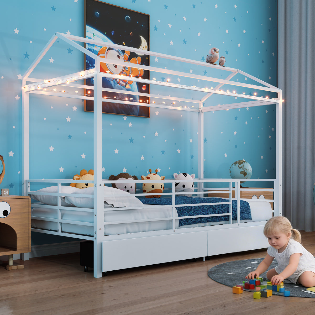 House Bed for Kids，Floor Bed for Boys Girls,Bed Frame with Roof,No Box Spring Needed White