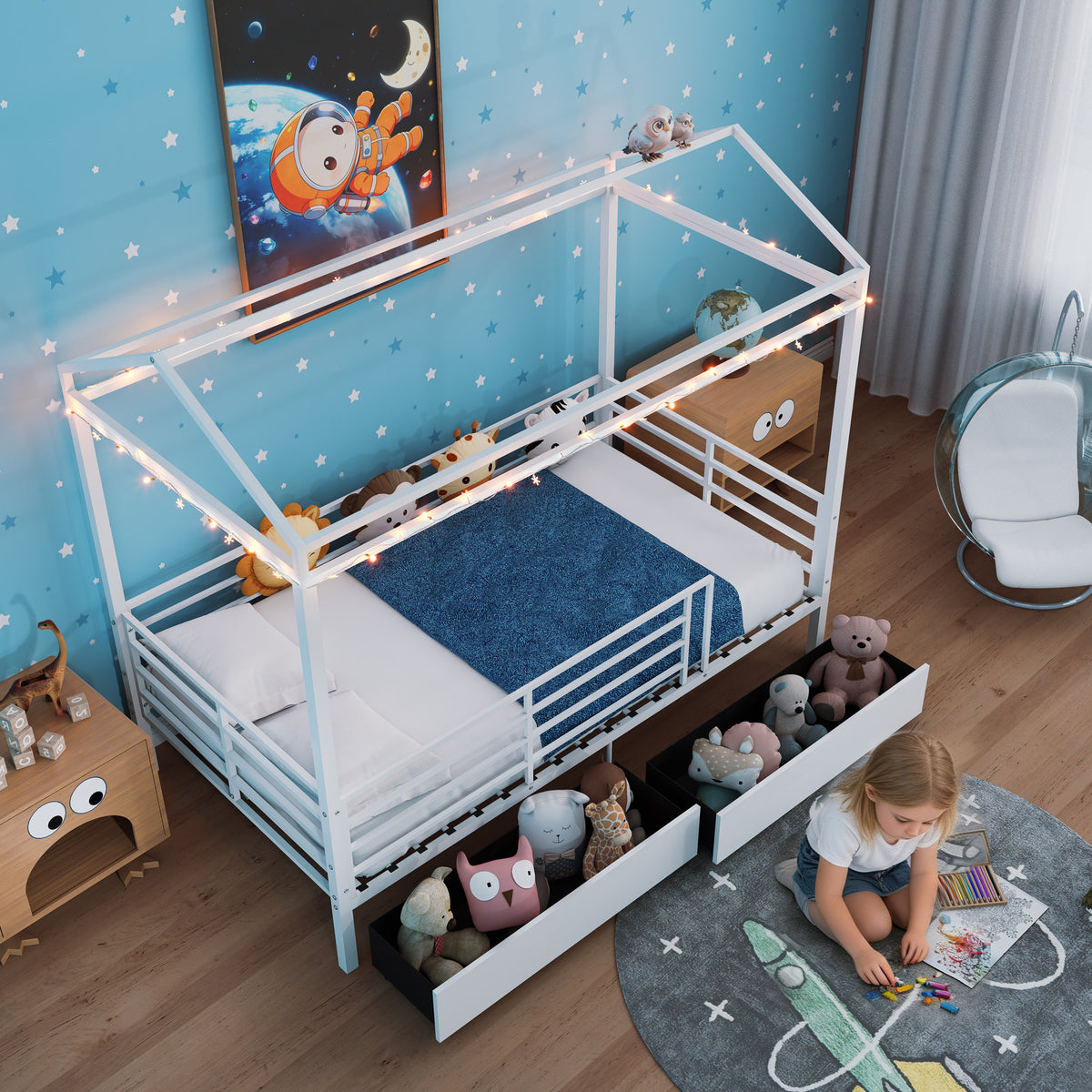 House Bed for Kids，Floor Bed for Boys Girls,Bed Frame with Roof,No Box Spring Needed White