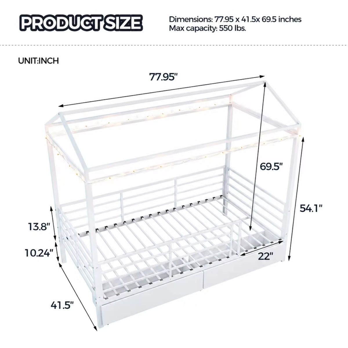 House Bed for Kids，Floor Bed for Boys Girls,Bed Frame with Roof,No Box Spring Needed White