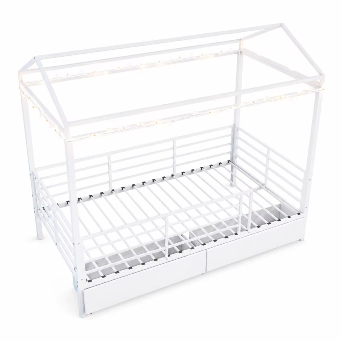 House Bed for Kids，Floor Bed for Boys Girls,Bed Frame with Roof,No Box Spring Needed White