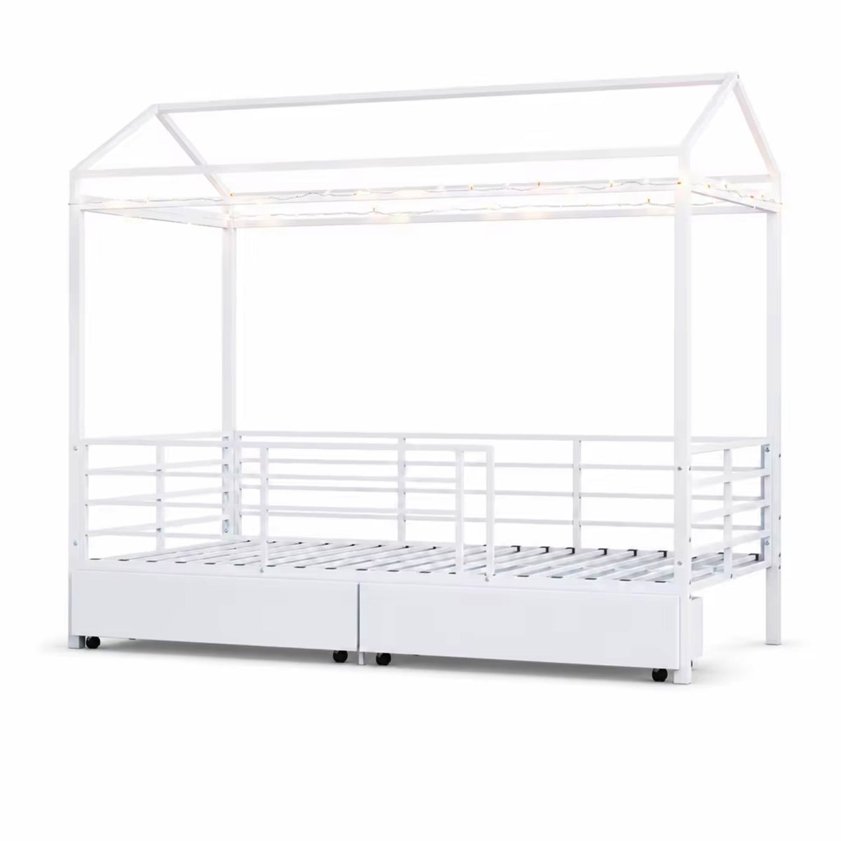 House Bed for Kids，Floor Bed for Boys Girls,Bed Frame with Roof,No Box Spring Needed White