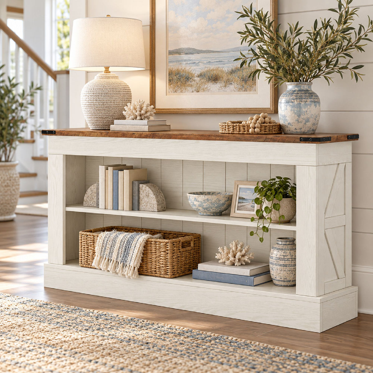 Modern Long Console Table with Open Storage Shelves