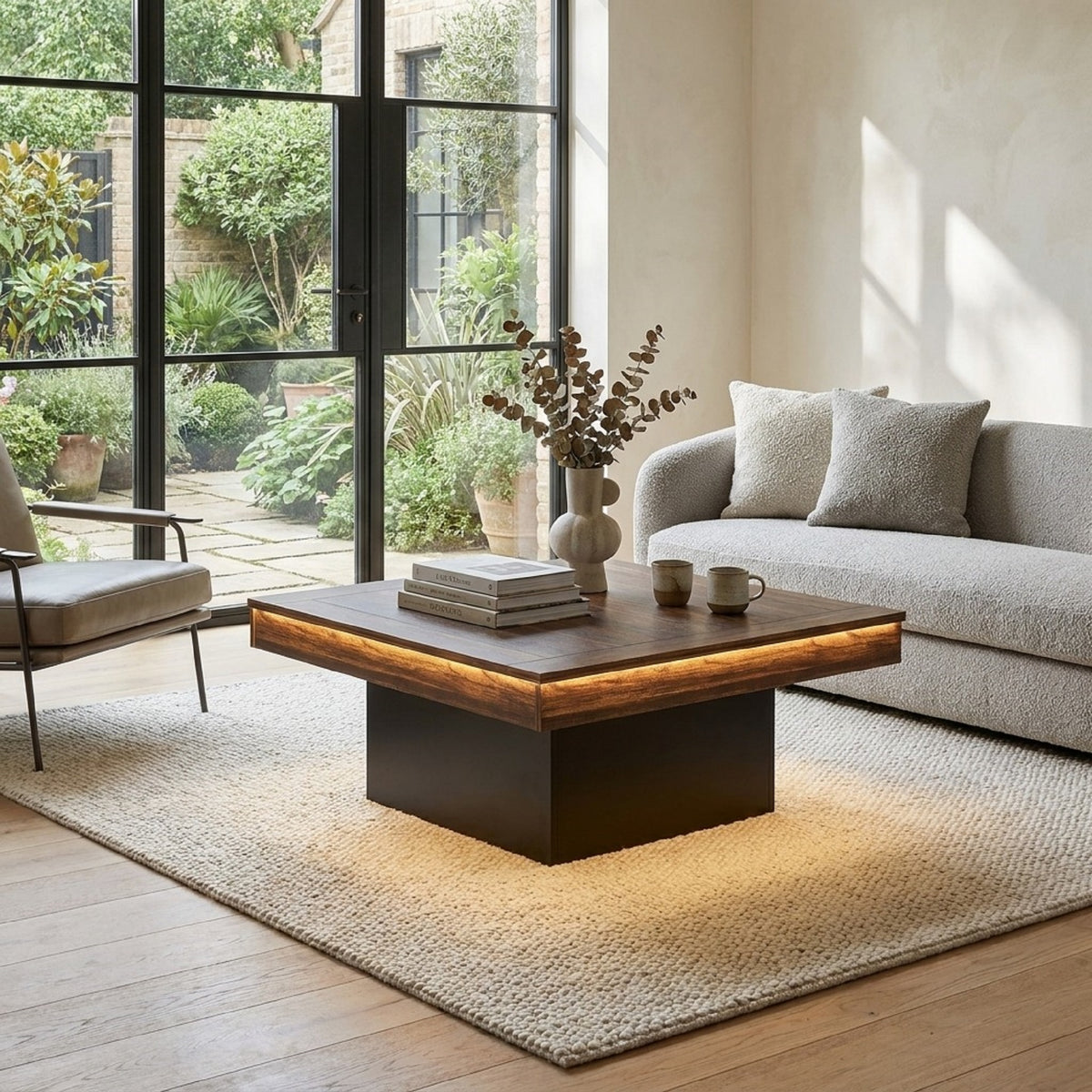 Rustic Square Coffee Table with Built-In Ambient Lighting
