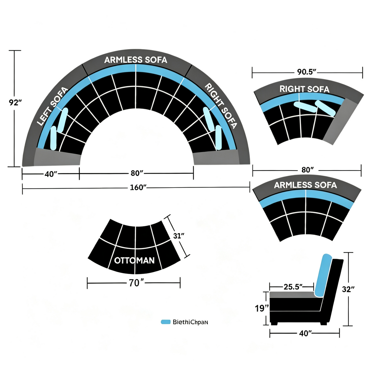 4PCS 160" Semi Circular Round Microfiber Fabric Sectional Sofa set