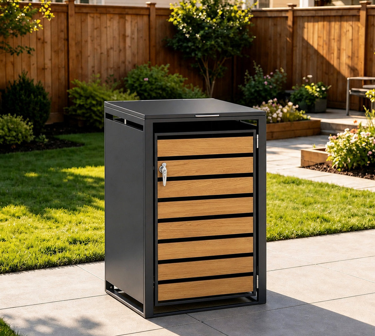 96 Gallon Single-door Steel Trash Can Enclosure - Grey & Wood Grain Options