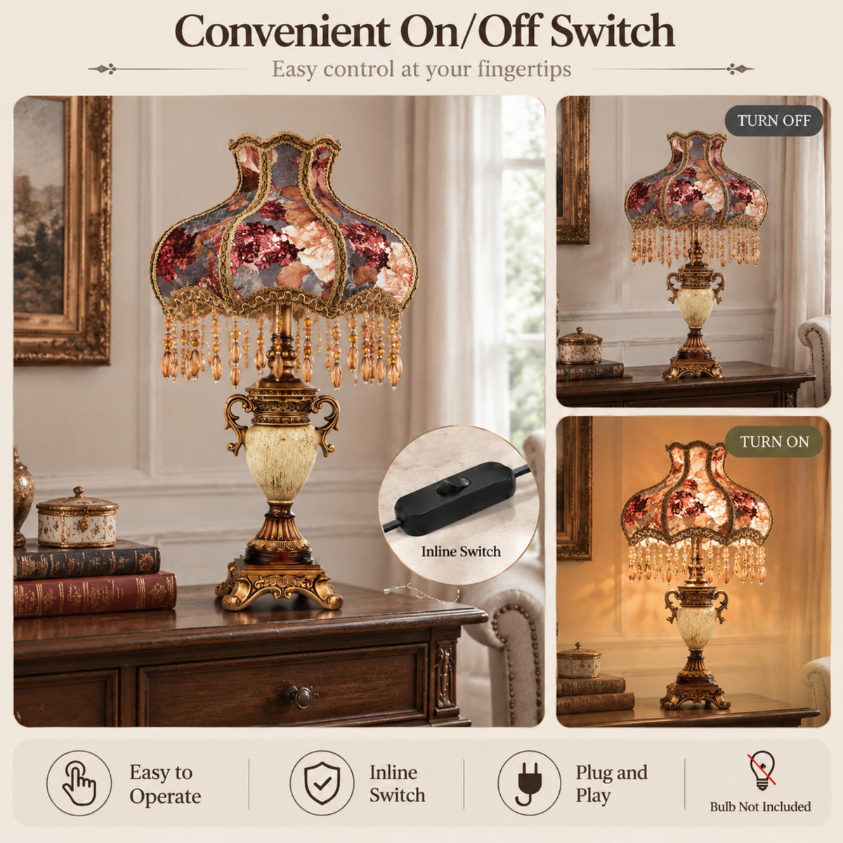 Traditional Floral Table Lamp with Beaded Fringe Shade