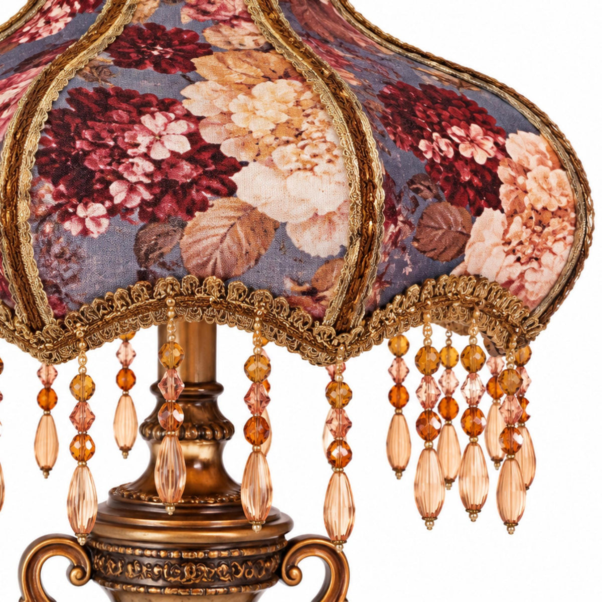 Traditional Floral Table Lamp with Beaded Fringe Shade