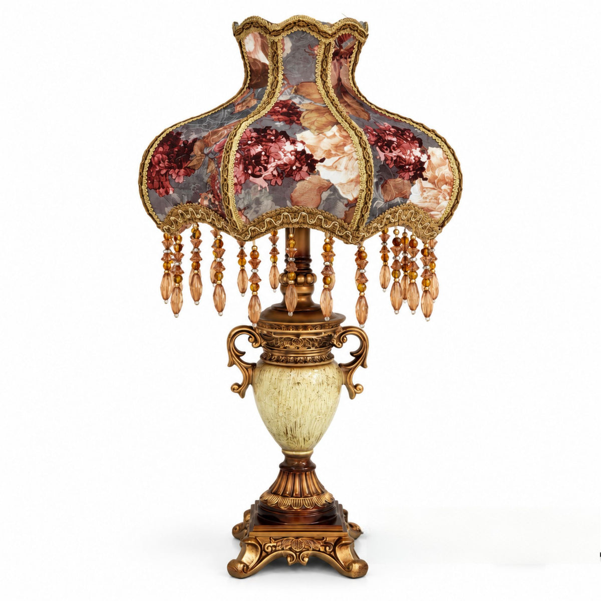Traditional Floral Table Lamp with Beaded Fringe Shade