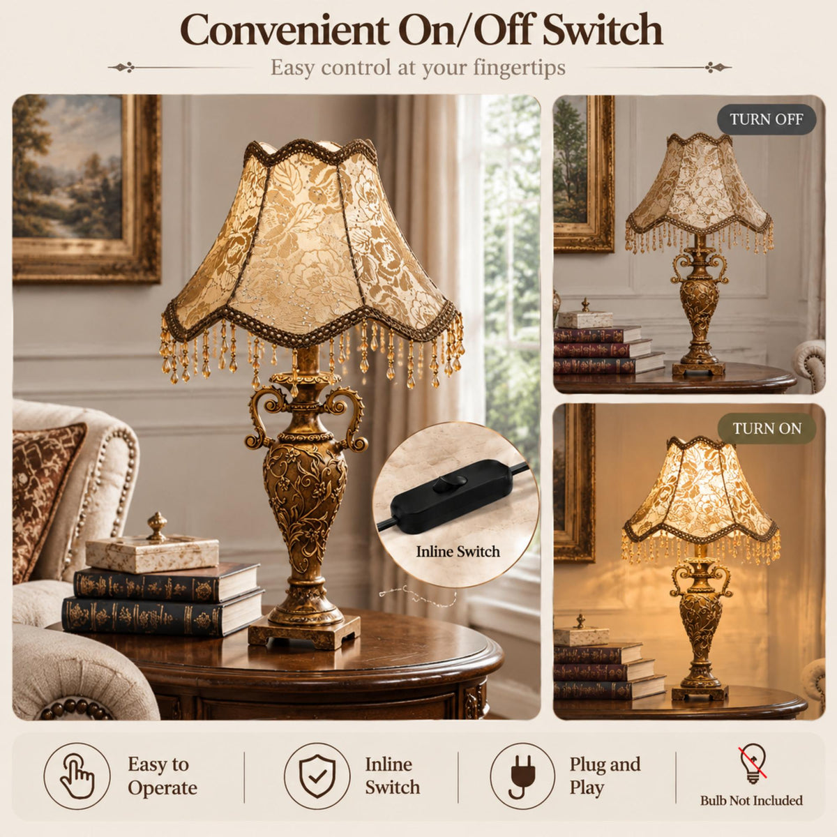 European Royal Style Table Lamp with Floral Fabric Shade