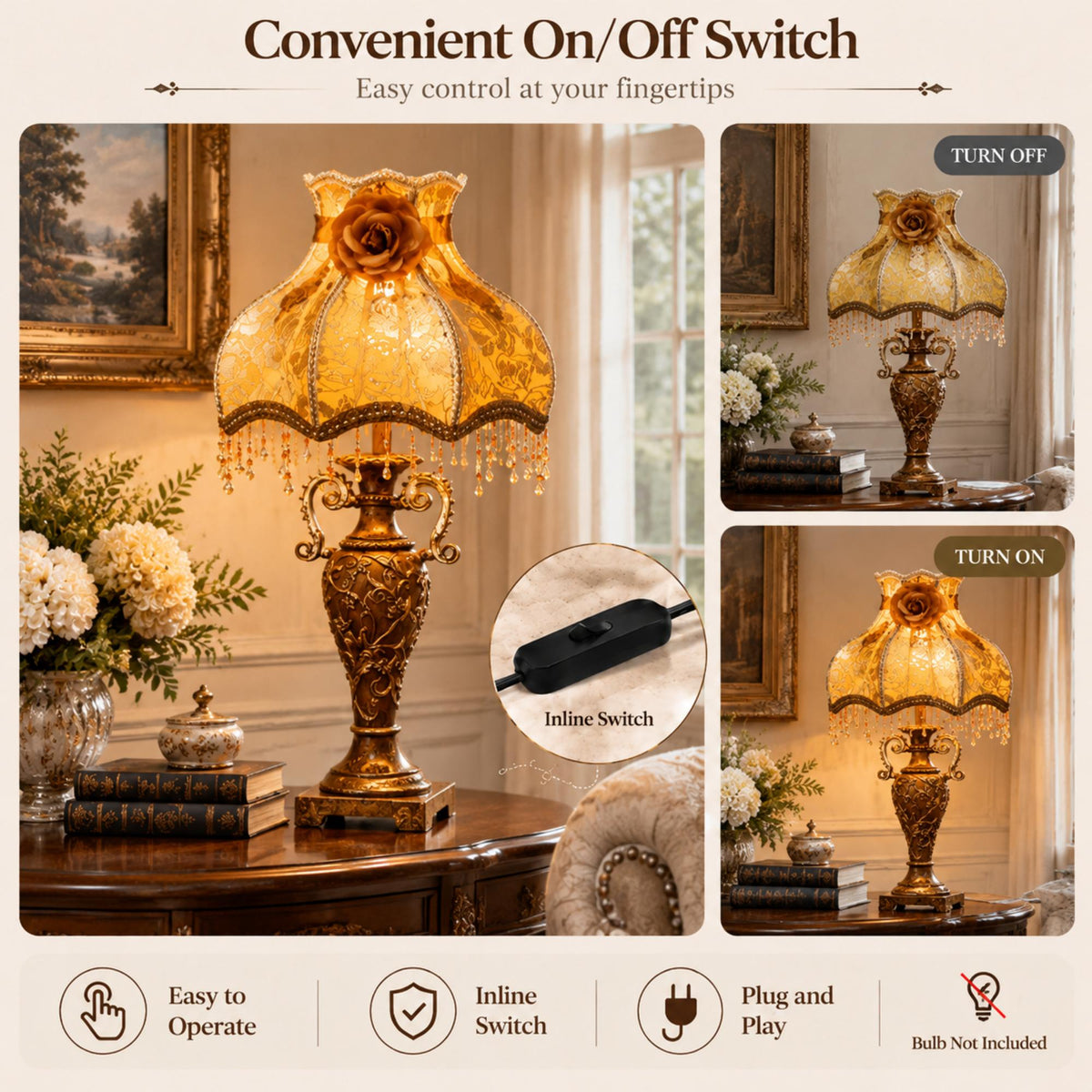 Vintage Victorian Table Lamp with Floral Fabric Shade