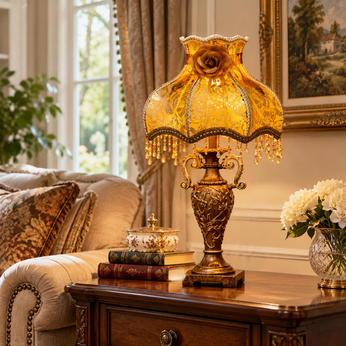 Vintage Victorian Table Lamp with Floral Fabric Shade