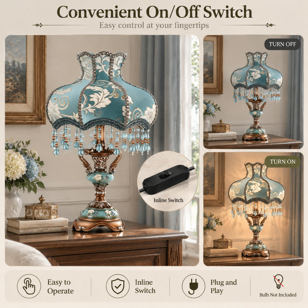 European Vintage Table Lamp with Turquoise Blue Floral Shade
