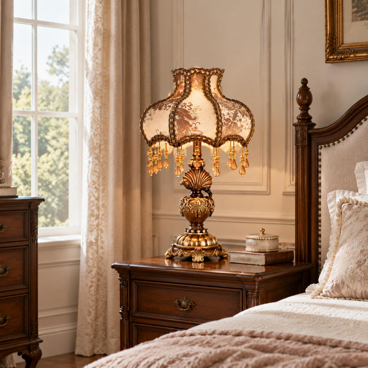 Antique Victorian Table Lamp with Damask Fabric Shade
