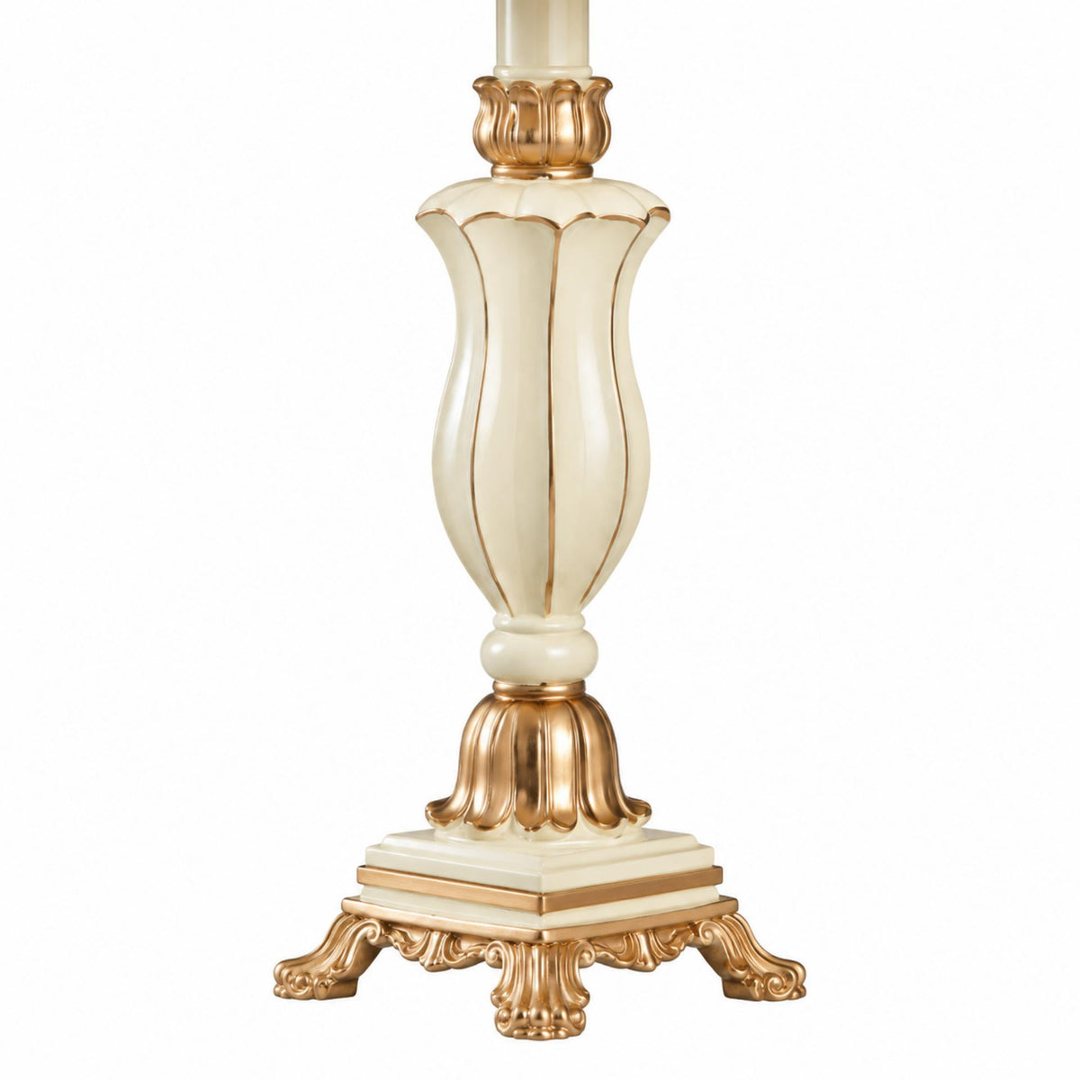 French Table Lamp with Embroidered Botanical Shade, Ivory and Gold Finish, Elegant Sculpted Base