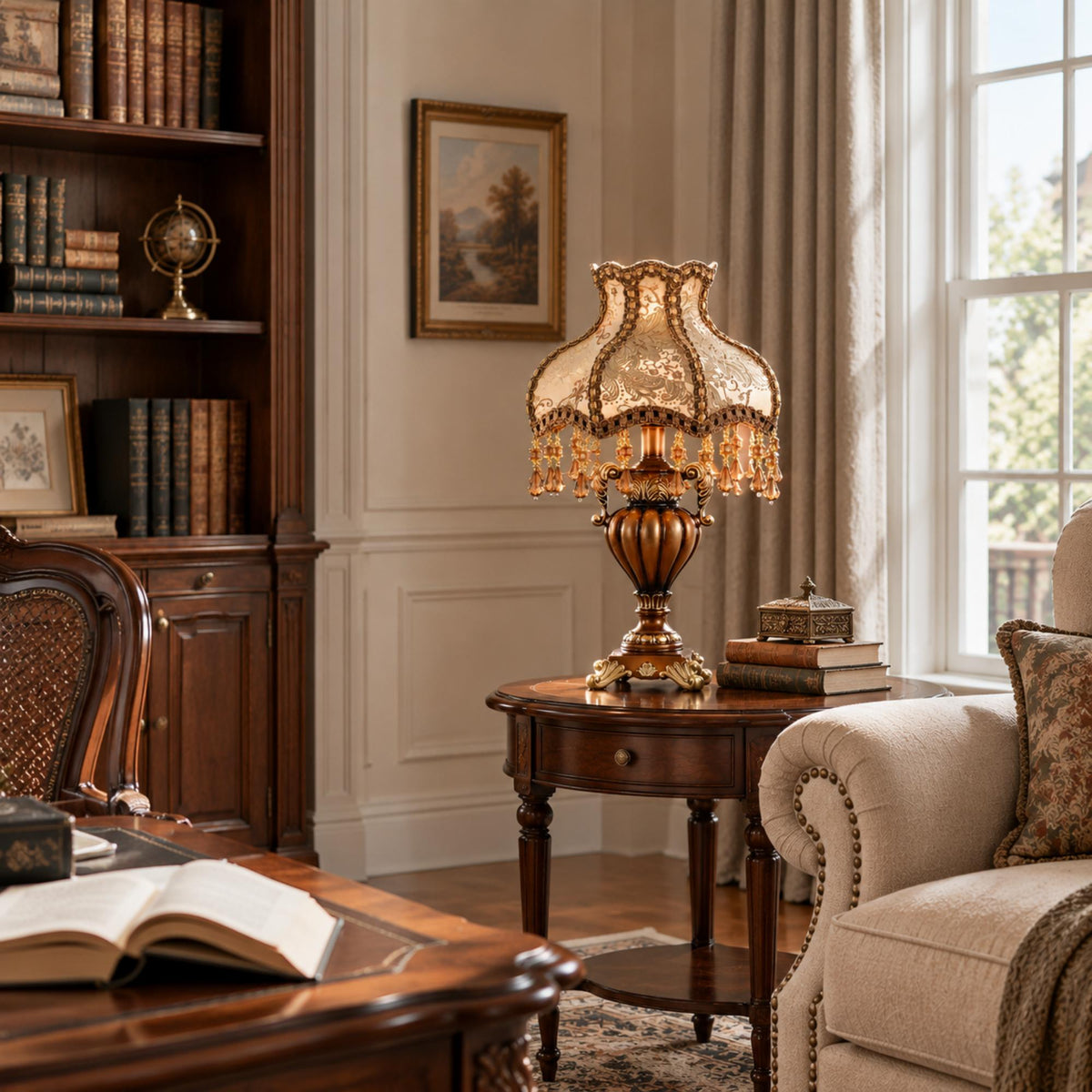 Baroque Table Lamp with Brocade Fabric Shade, Amber Beaded Fringe