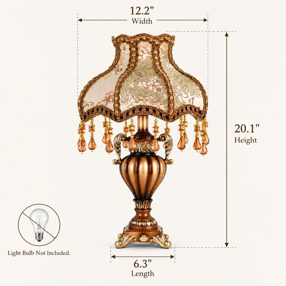 Baroque Table Lamp with Brocade Fabric Shade, Amber Beaded Fringe