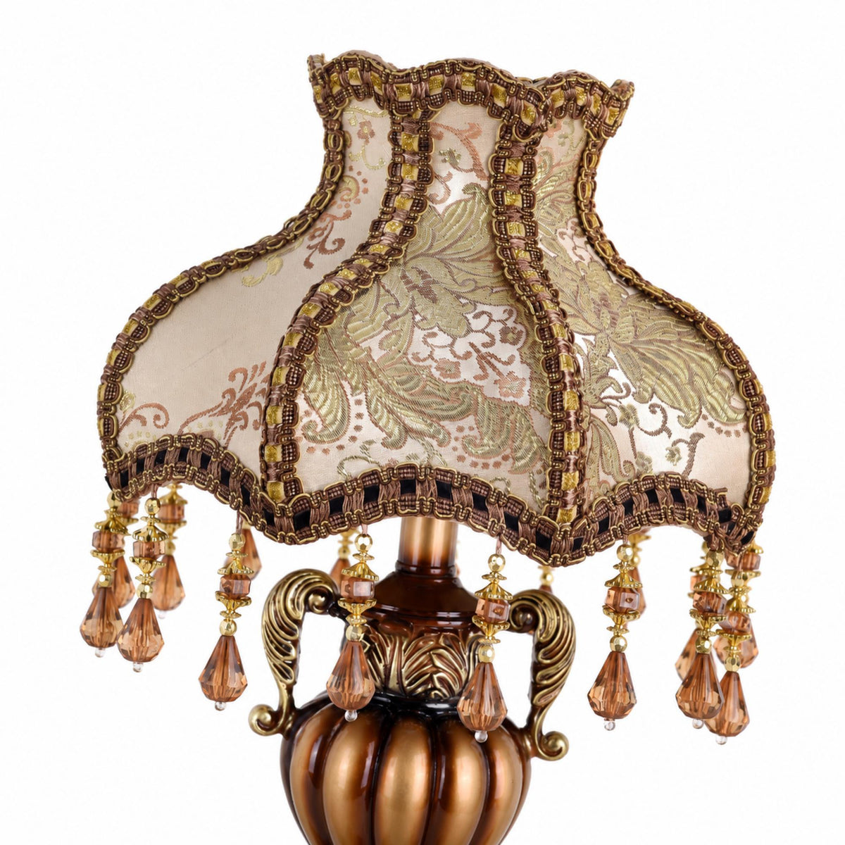 Baroque Table Lamp with Brocade Fabric Shade, Amber Beaded Fringe