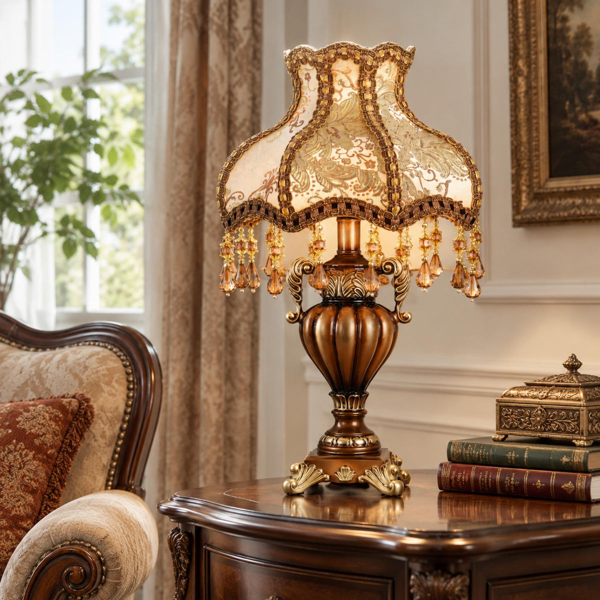 Baroque Table Lamp with Brocade Fabric Shade, Amber Beaded Fringe