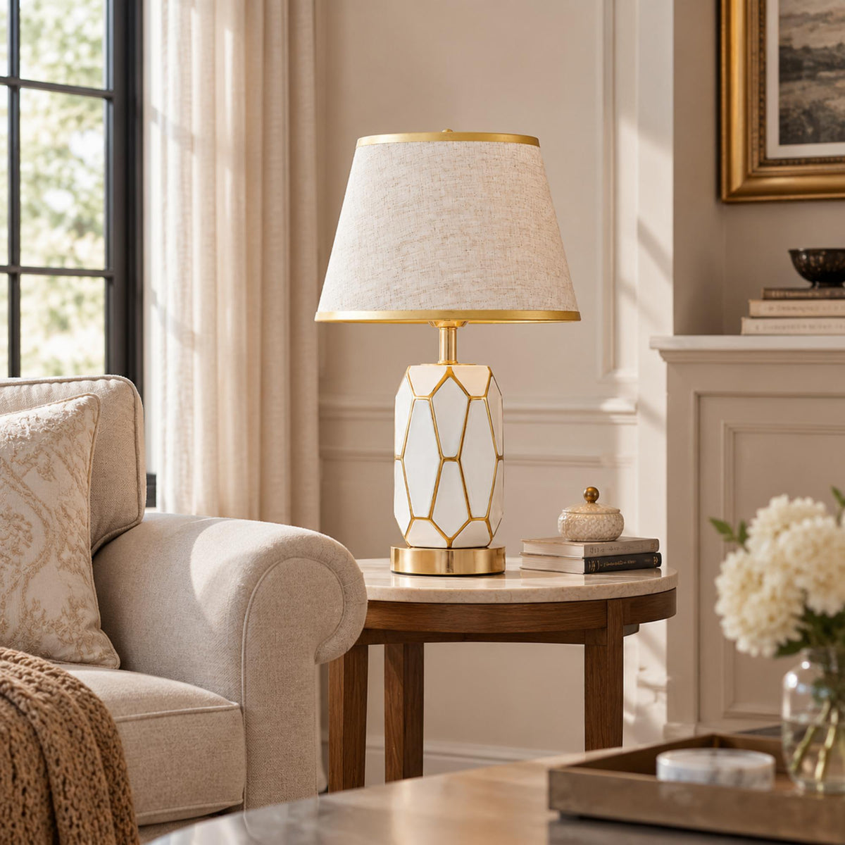 Modern Glam Table Lamp with Natural Linen Shade, Geometric Glass Body and Polished Gold Accents