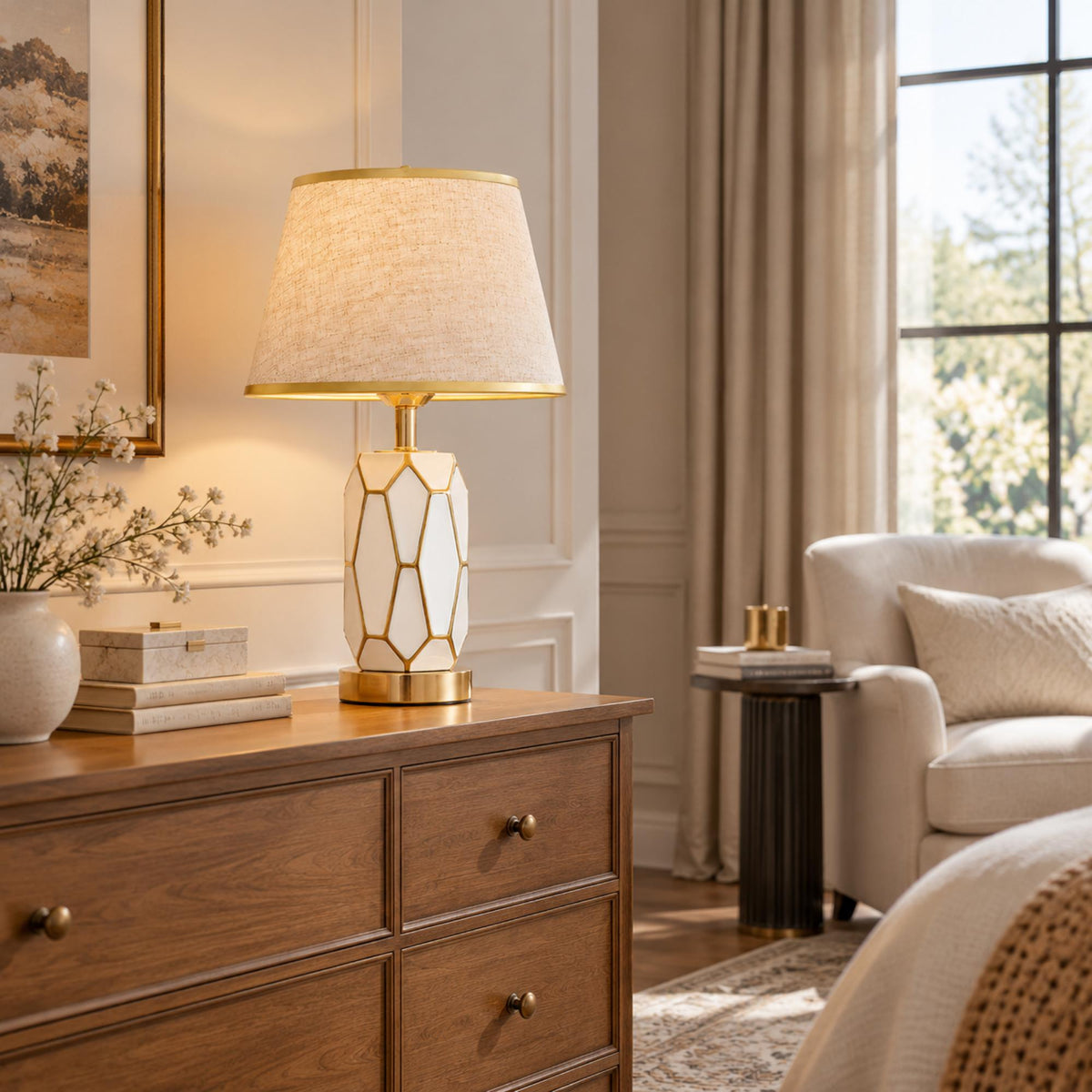 Modern Glam Table Lamp with Natural Linen Shade, Geometric Glass Body and Polished Gold Accents