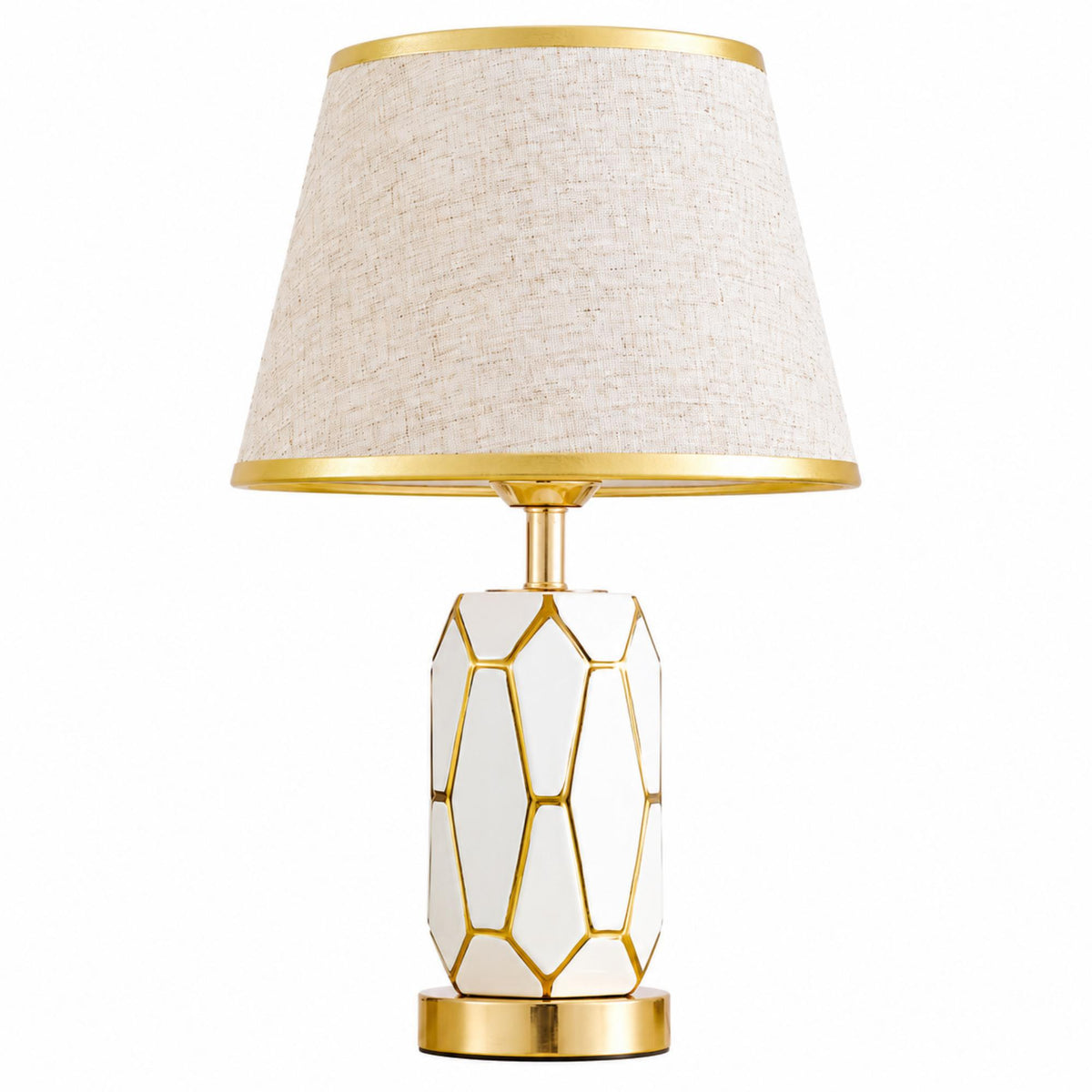 Modern Glam Table Lamp with Natural Linen Shade, Geometric Glass Body and Polished Gold Accents